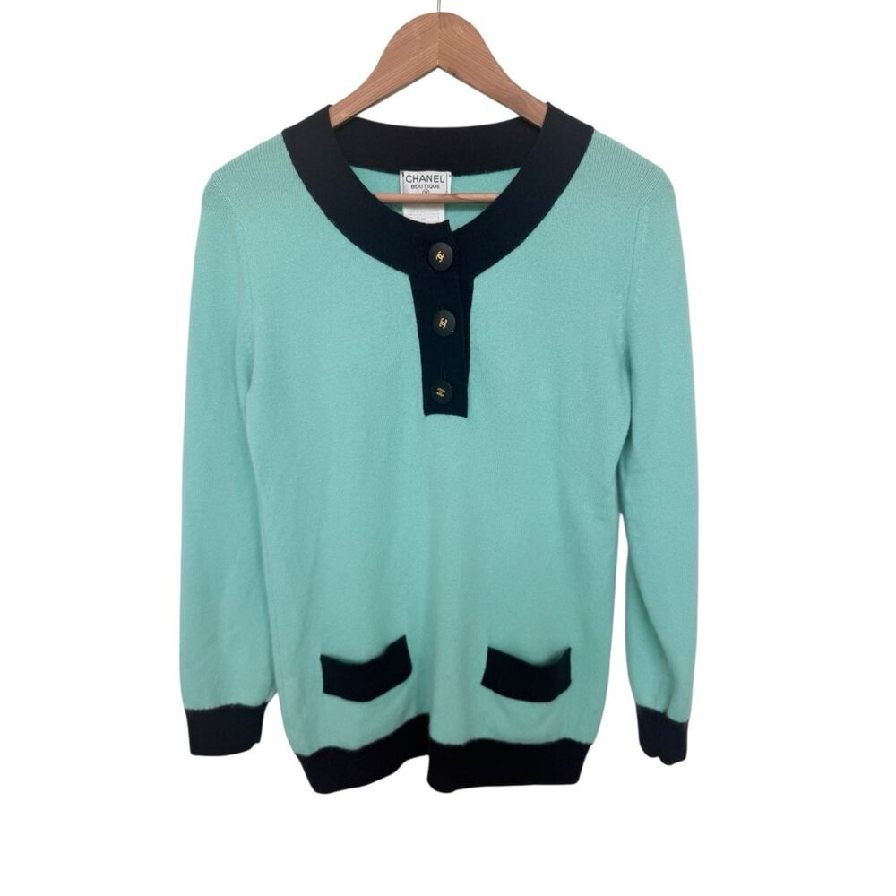 CHANEL Vintage CC Logo Sweater Knit Top Aqua 

Green Dark Blue Cashmere Button